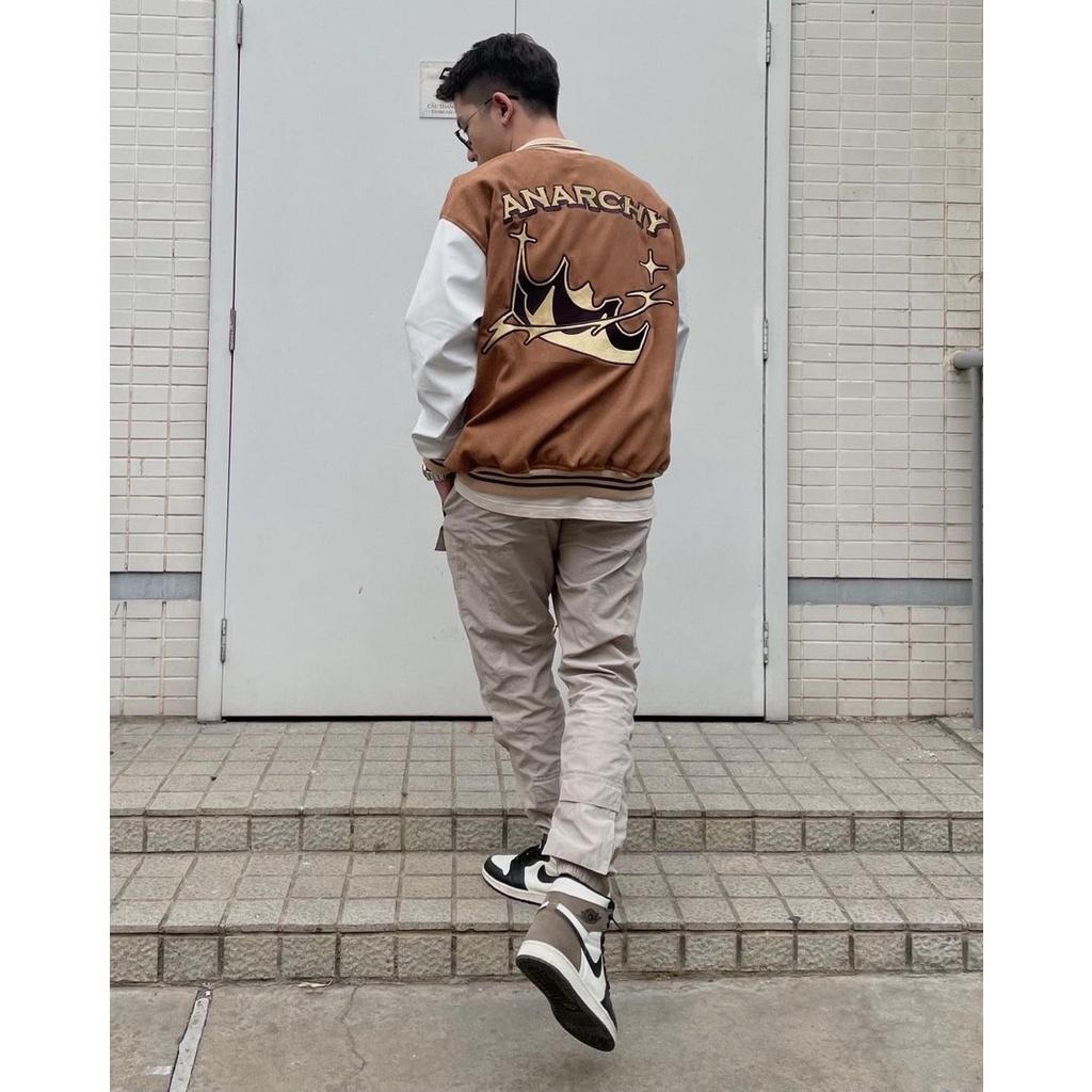 Hình ảnh Áo Bomber Jackets Kaki Nhung Gân ANARCHY Form Rộng Unisex Nam Nữ Phong Cách Quốc Dân KTS Ulzzang