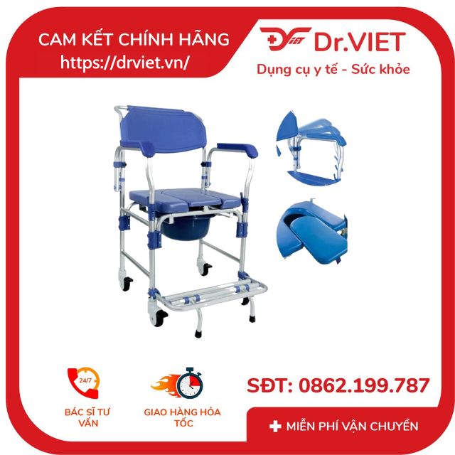 Ghế bô có bánh xe khung nhôm vệ sinh Lucass GX-200 - Ghế bô Khung Nhôm Cao Cấp, Có Đệm, Bánh Xe