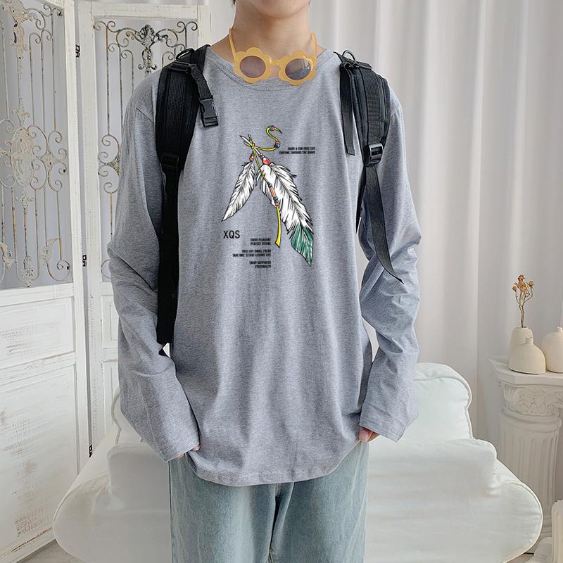 Áo thun cotton tay dài in hình lông vũ 4 màu phong cách năng động  cho nam