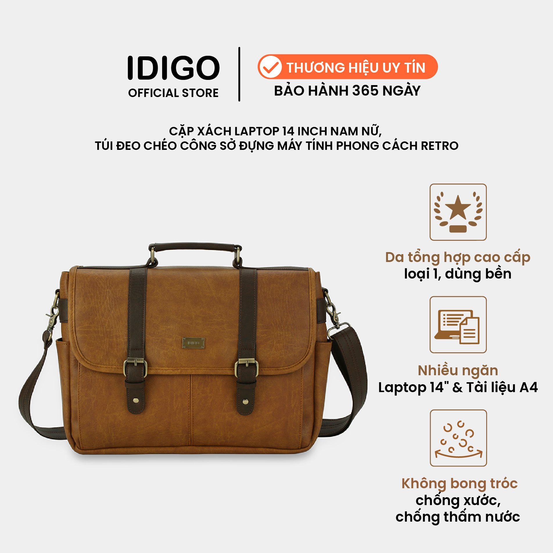 Cặp xách laptop đi học 14inch, Túi đeo chéo công sở nhiều ngăn đựng tài liệu A4 IDIGO UB2-6021