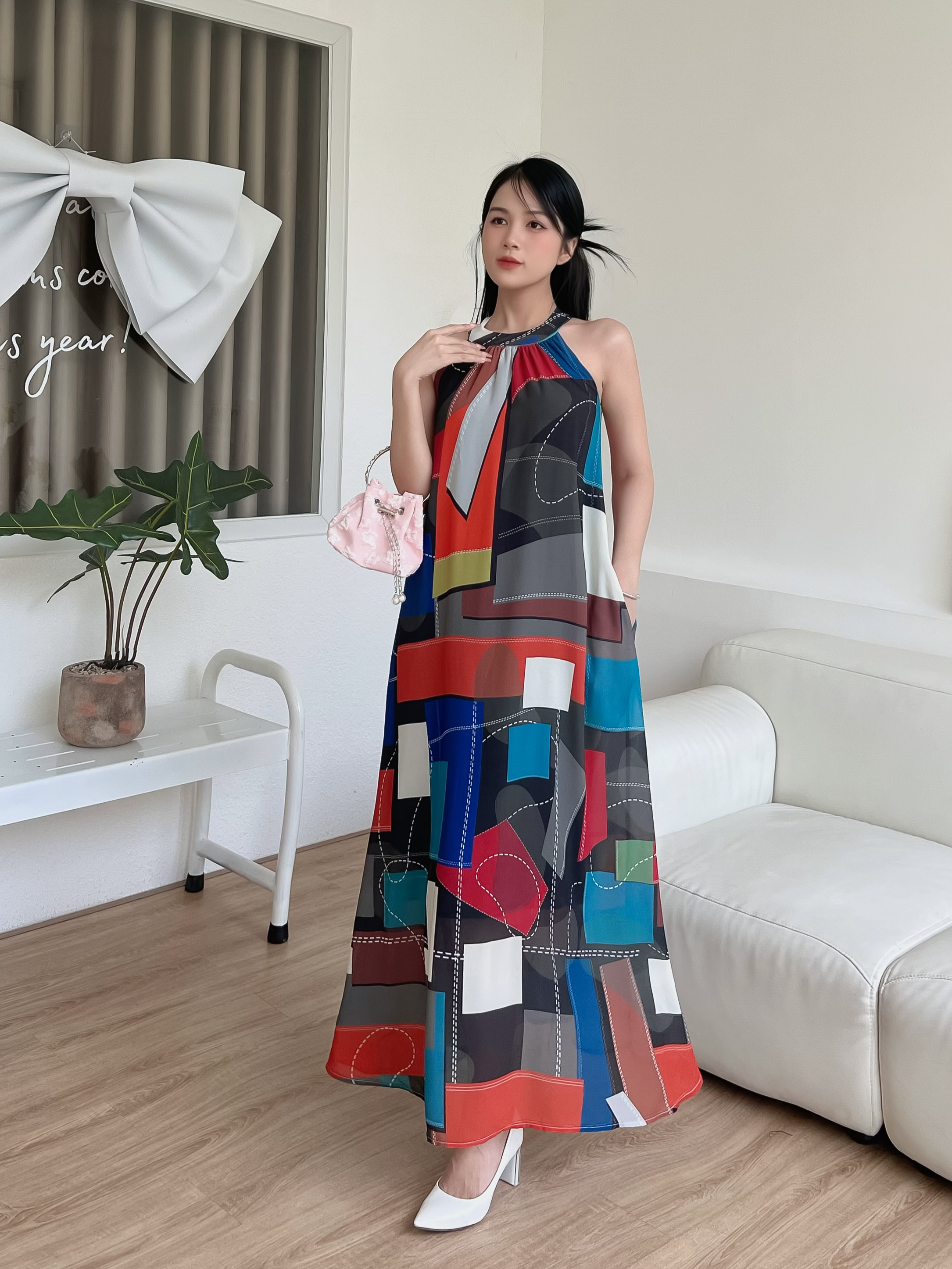 [HCM] Đầm maxi voan Hàn in họa tiết kẻ ô lập thể - MS114