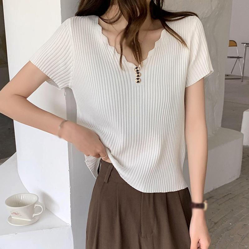Áo Thun Dệt Kim Tay Ngắn Màu Trơn Thiết Kế Cổ Chữ V Thanh Lịch