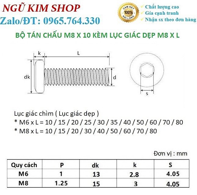TÁN CHẤU M8 x 10 KÈM LỤC GIÁC DẸP M8 x L THEO BỘ