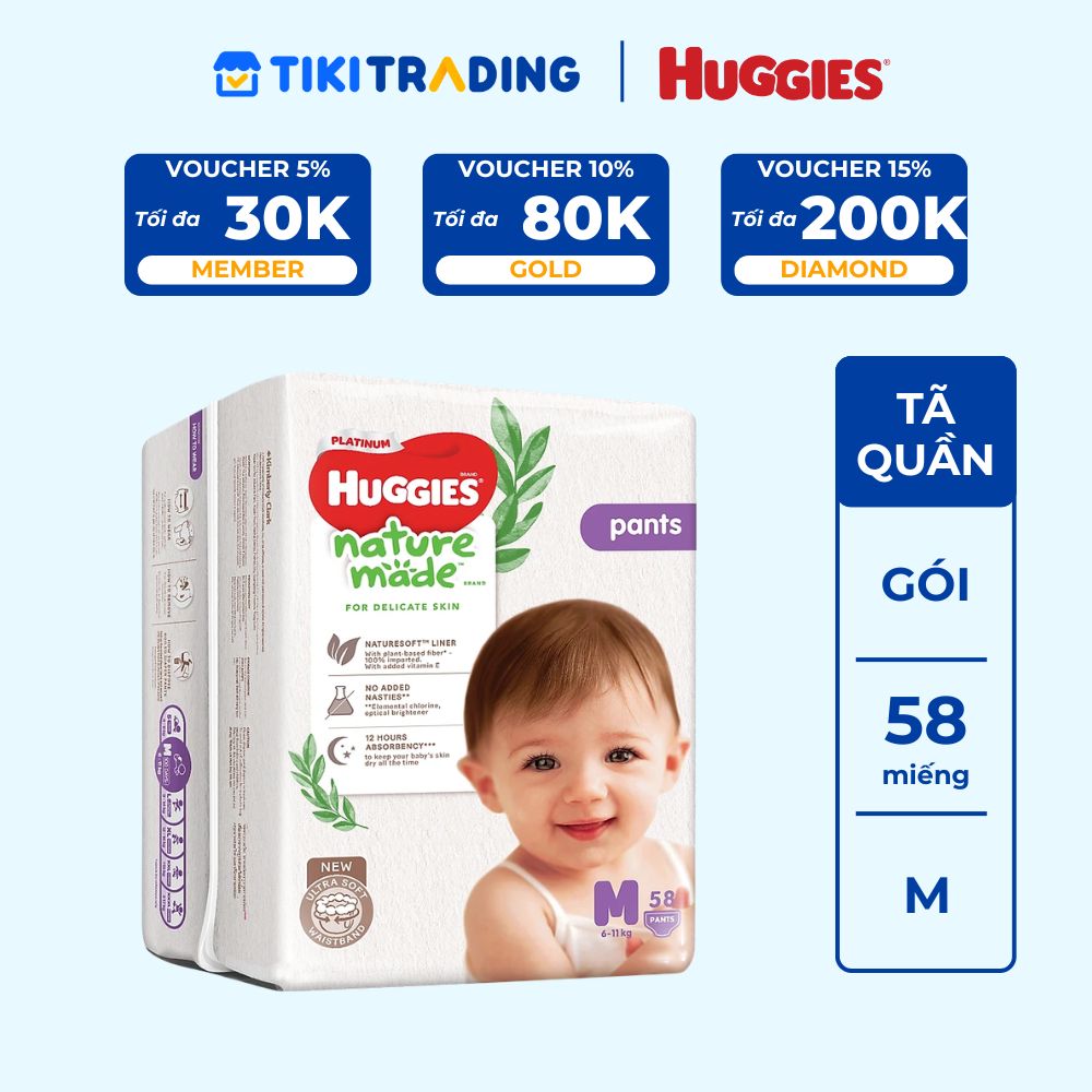 [NHẬP KHẨU] TÃ QUẦN HUGGIES NATUREMADE M58/L44/XL38/XXL26