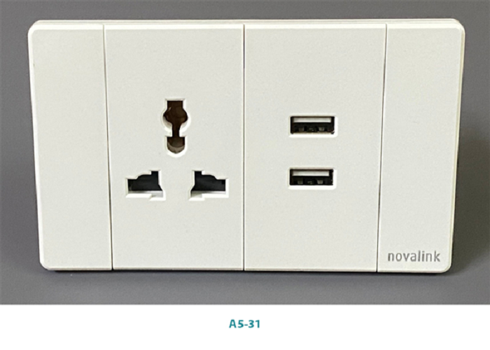 Bộ Mặt 1 ổ cắm 3 chấu đa năng 2 USB sạc Type A khung nhôm cao cấp, hình chữ nhật màu trắng điện áp 220V-250V, ổ cắm dùng trong nhà, ổ cắm kèm cổng sạc usb