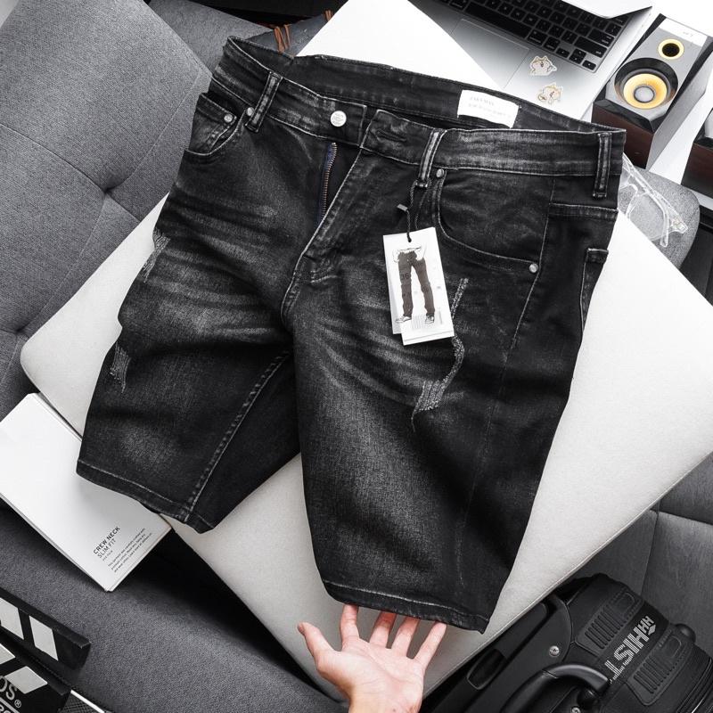 Quần short jean nam ống suông VNXK màu đen xám cotton