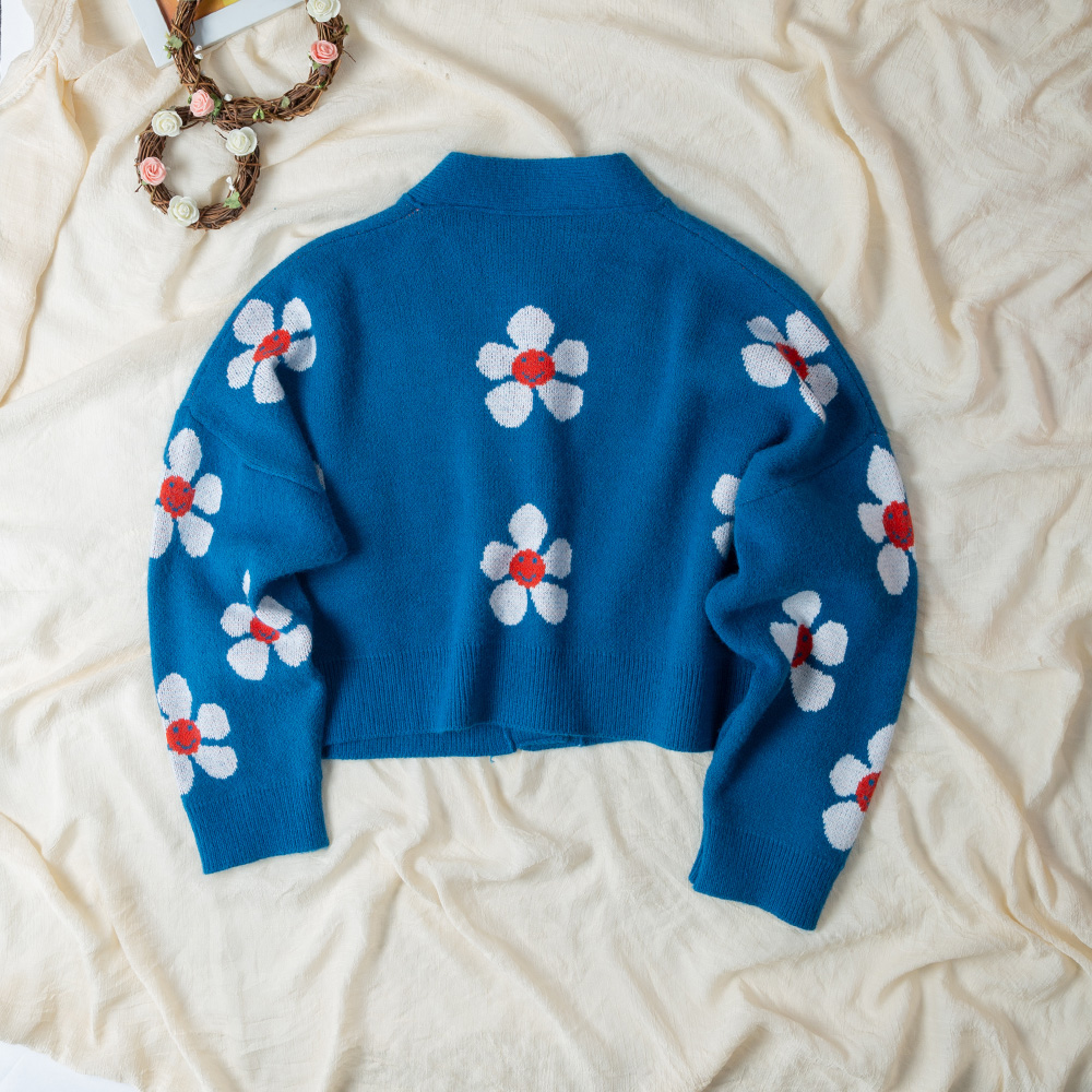 Short Cardigan for Women Flower Knit Sweater V Neck Button Long Sleeve Loose Coat Casual