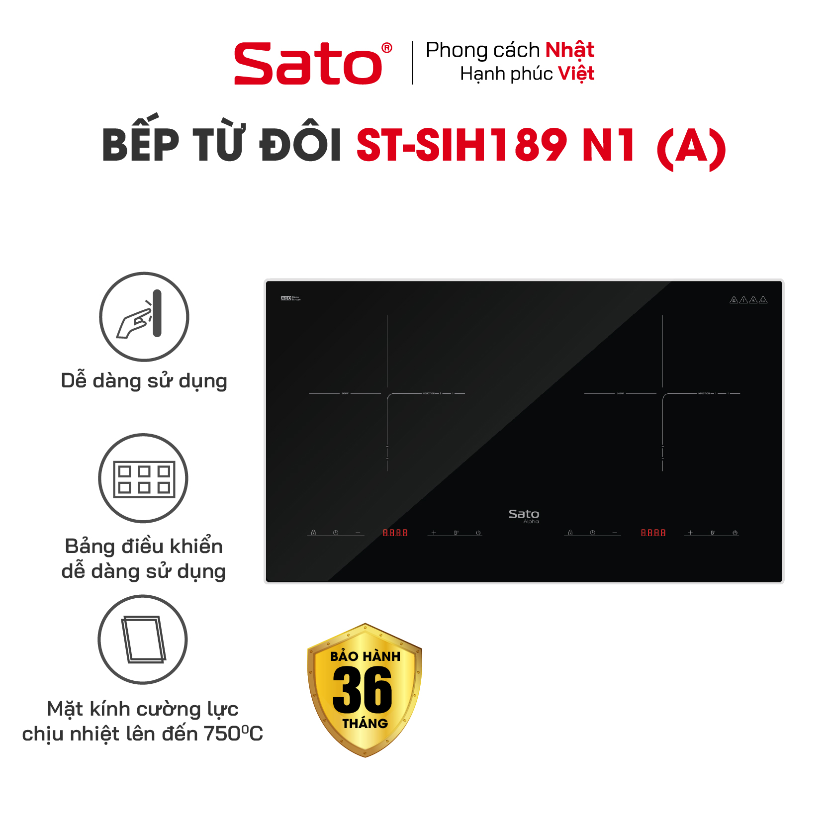 Bếp điện từ thông minh SatoAlpha SIH189 N1 (A) -  Thiết kế đột phá về kiểu dáng, kết cấu vững chắc - Mặt kính thiết kế sang trọng, chịu nhiệt cao, chống trầy xước, chống bám dầu mỡ, vệ sinh dễ dàng - Miễn phsi vận chuyển toàn quốc -Hàng chính hãng