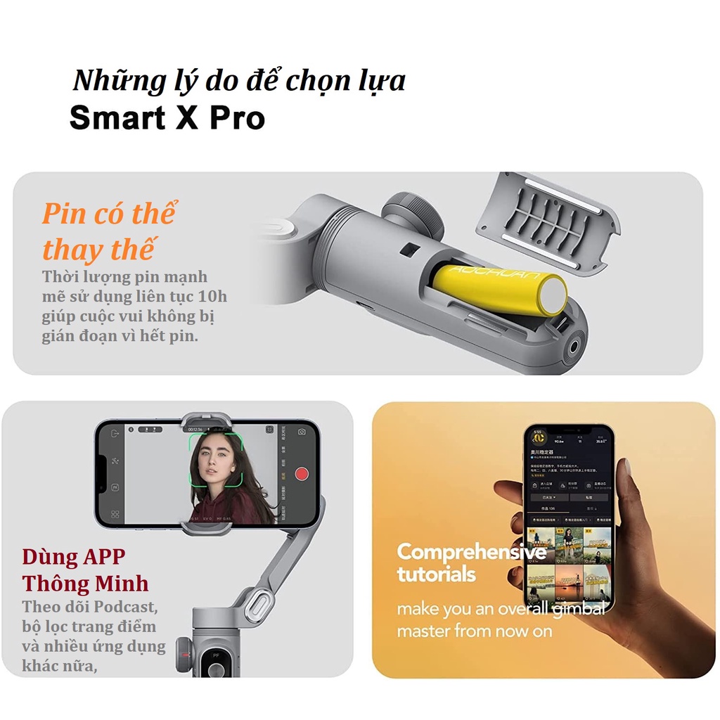 Tay Cầm Chống Rung Điện Tử Gimbal Điện Thoại Smart XPRO - Gậy Chống Rung Có Sạc Không Dây Quay Phim, Video Tiktok