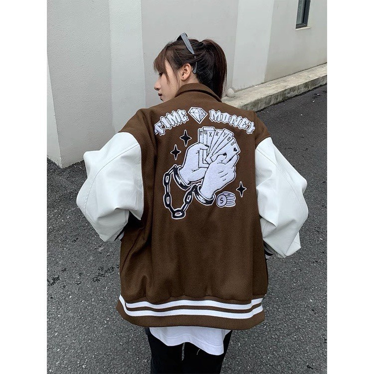 Áo Varsity Jacket - Áo Khoác Bomber Cardigan họa tiết TIME MONEY phối bo Siêu Hot nam nữ mặc được