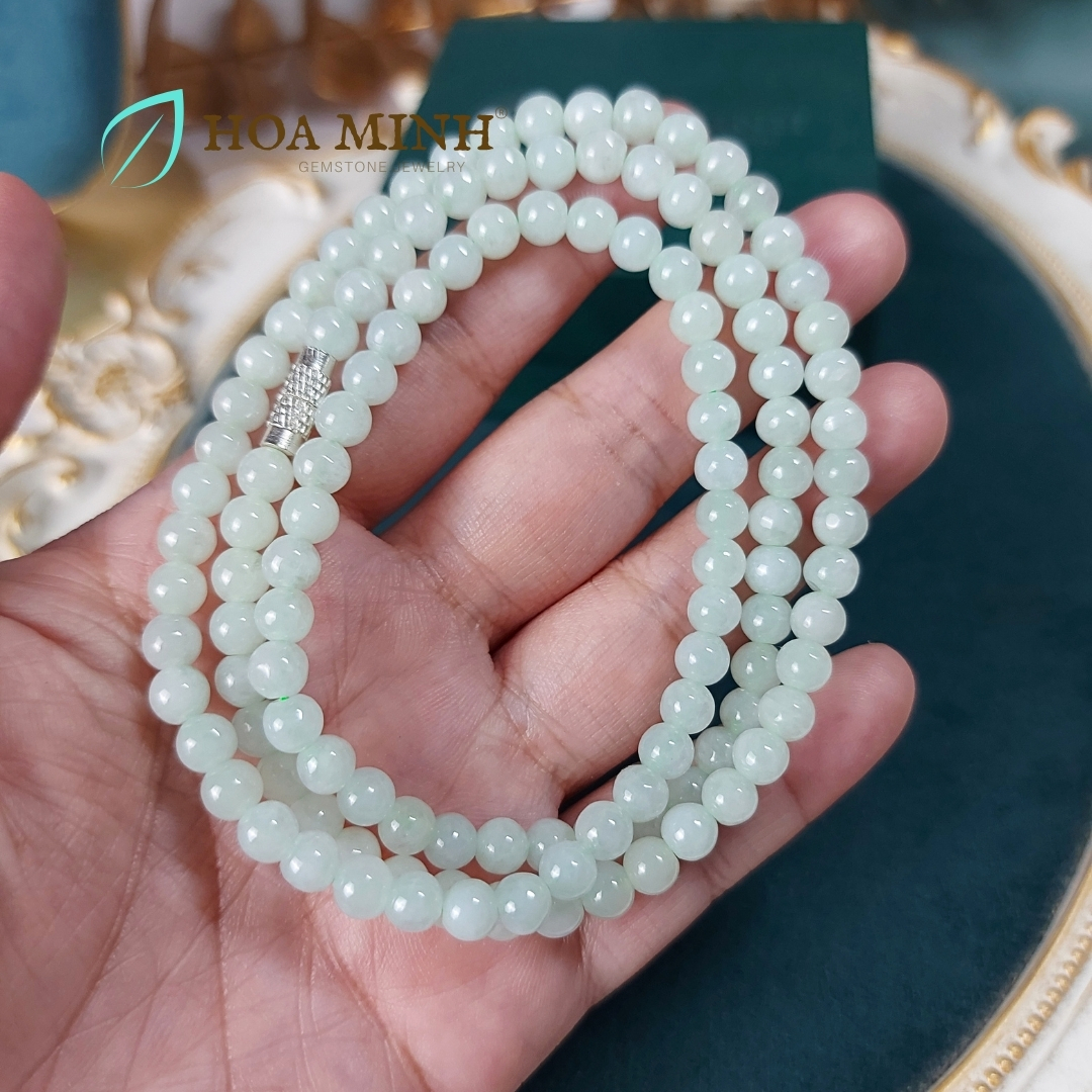 Vòng cổ 108 hạt ngọc Cẩm Thạch A xanh táo size hạt 5.5 li (có thể đeo thành vòng tay) VIP, trong bóng | Hoa Minh Gem