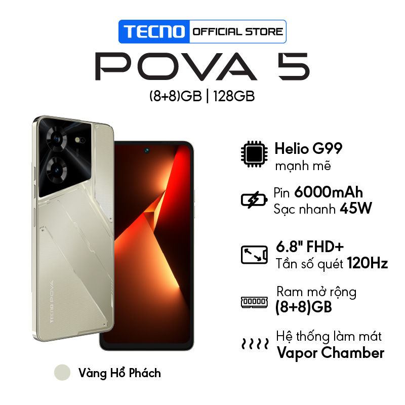 Điện thoại Tecno POVA 5 (8+8)/128GB - MediaTek Helio G99 - Sạc nhanh 45W - 6.8'' FHD+120HZ - Hàng Chính Hãng - BH 13 Tháng