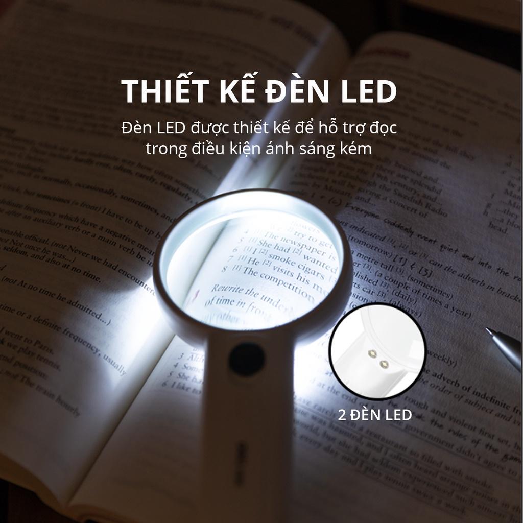 Kính Lúp Màu Trắng Phóng Đại x3.5 Lần Có 2 Đèn Led Deli - 9098