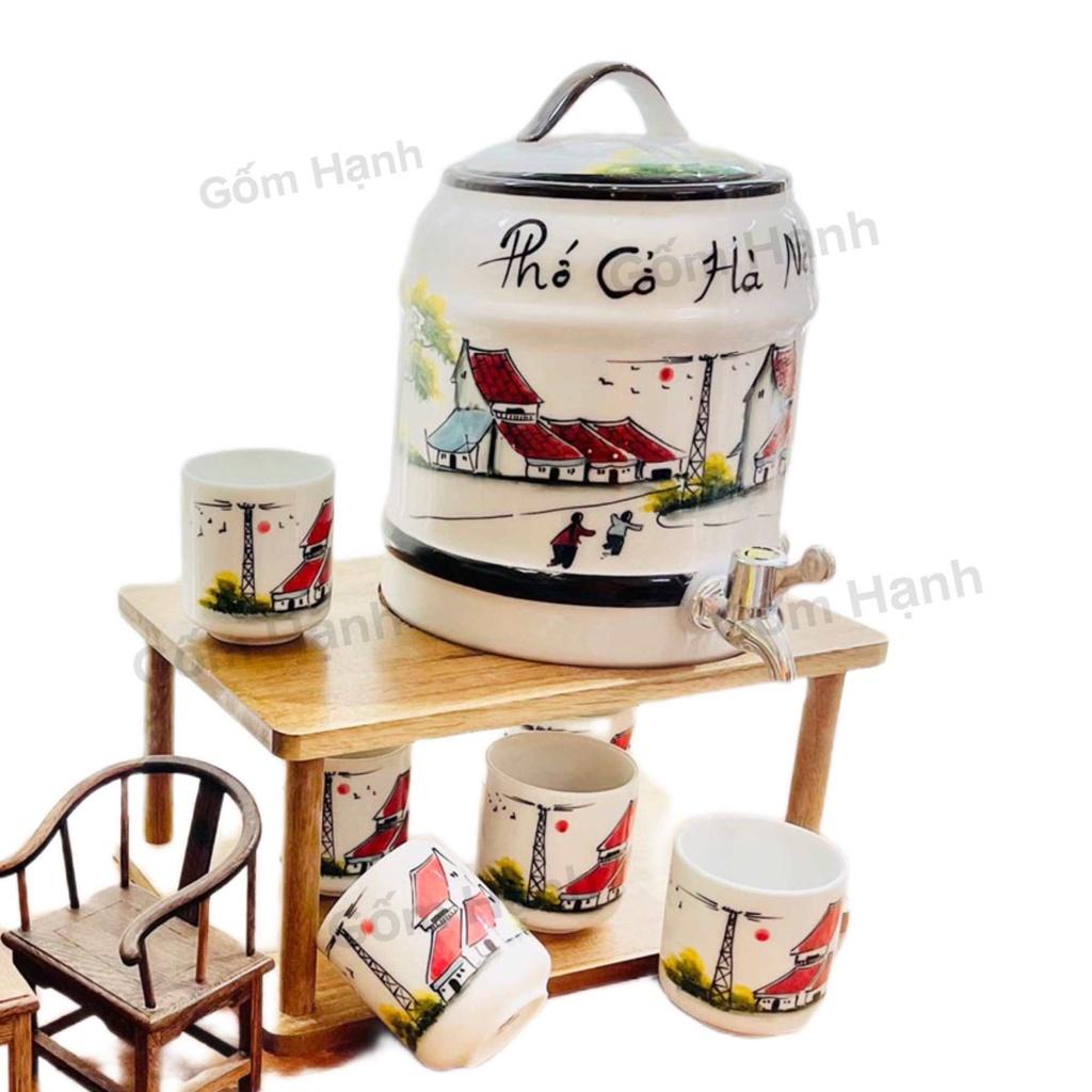 Bộ bình nước uống nước 4l-9l hoa văn dễ thương gốm Bát tràng gồm giá kệ, bình gốm, cốc uống nước