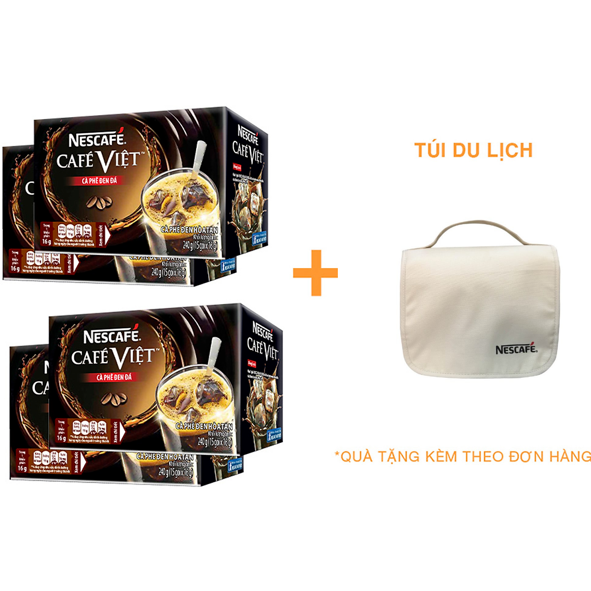 Combo 4 hộp cà phê hòa tan Nescafé Café Việt đen đá (Hộp 15 gói x 16g) [Tặng túi du lịch - màu ngẫu nhiên]