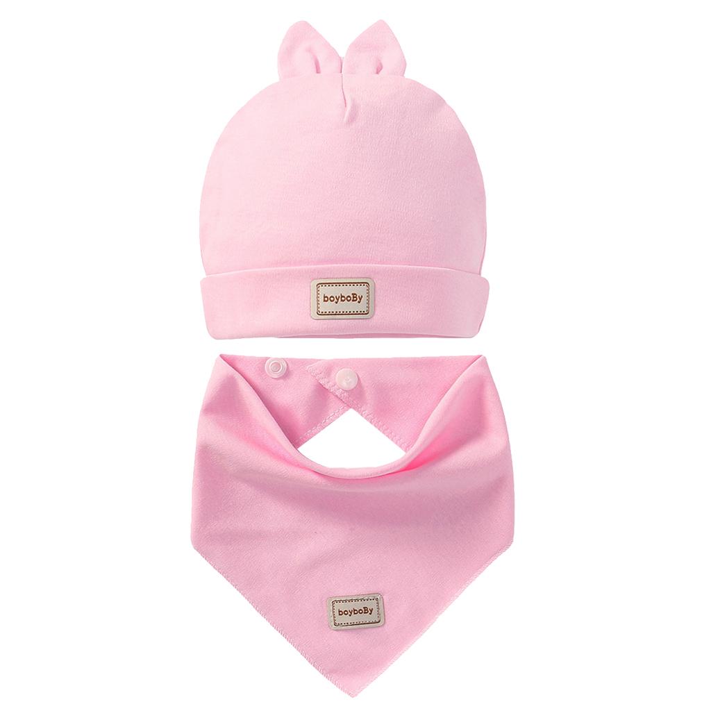 Cotton Beanie Hat Triangle Drool Bib Set for Baby Boy Girls Pink