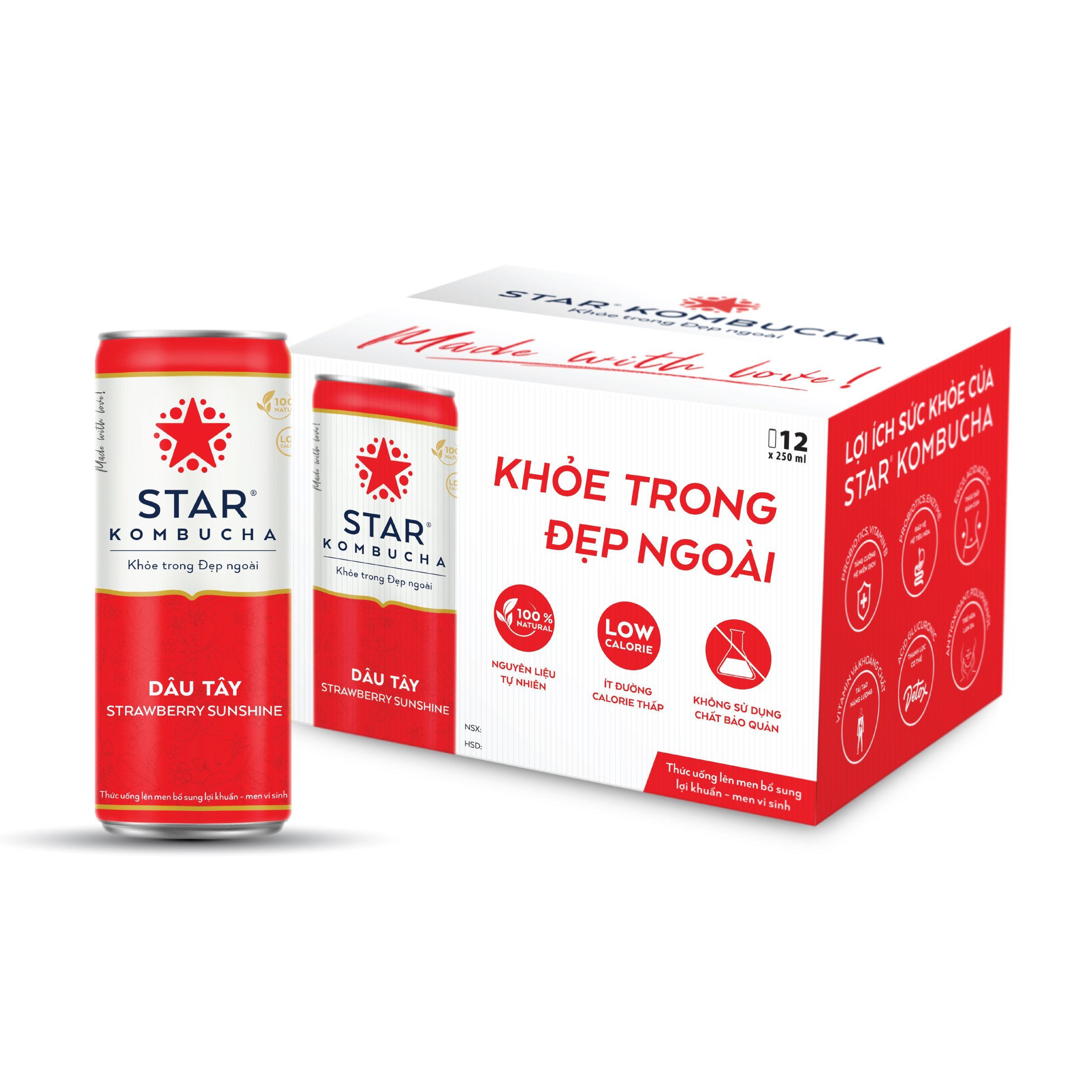 Thùng 12 lon thức uống lên men STAR KOMBUCHA Dâu Tây / Strawberry Sunshine