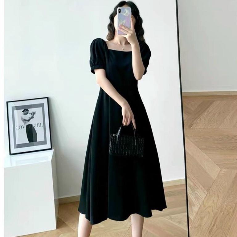 Đầm váy nữ maxi dạo phố dự tiệc cổ vuông đỏ đen tay bồng cao cấp