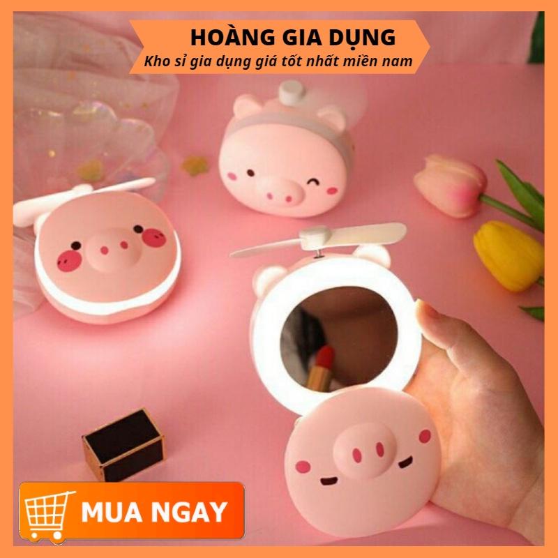 Quạt Mini Tích Điện Cầm Tay USB Để Bàn Hình Heo Kèm Gương Có Đèn H075