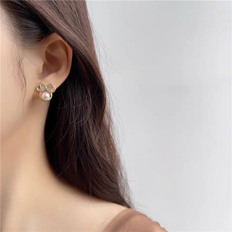 E017 Bông tai khuyên tai Nữ Hàn Quốc Thiết Kế Mới Đẹp Xinh Nơ Hạt Trai Ring House