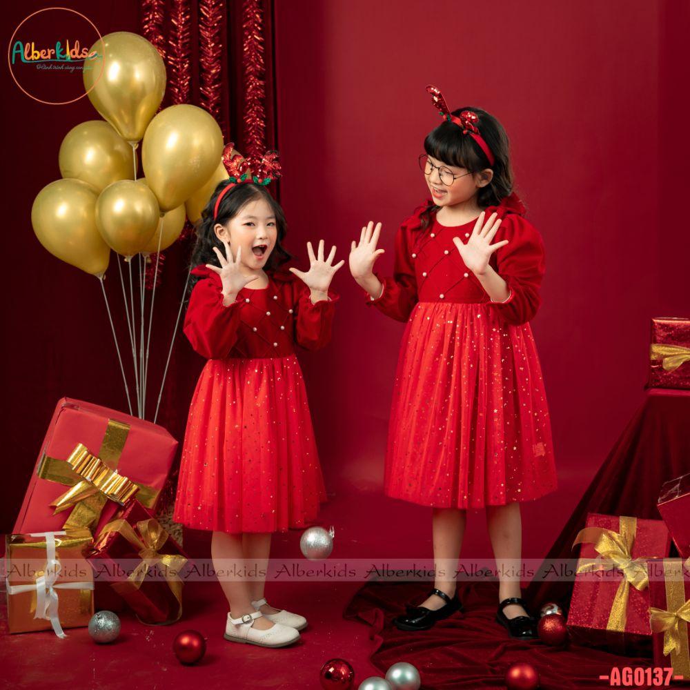 Váy bé gái ALBERKIDS công chúa đỏ đính ngọc chéo phối lưới xinh đẹp cho trẻ em 2,3,4,5,6,7,8,9,10,11,12 tuổi AG0137