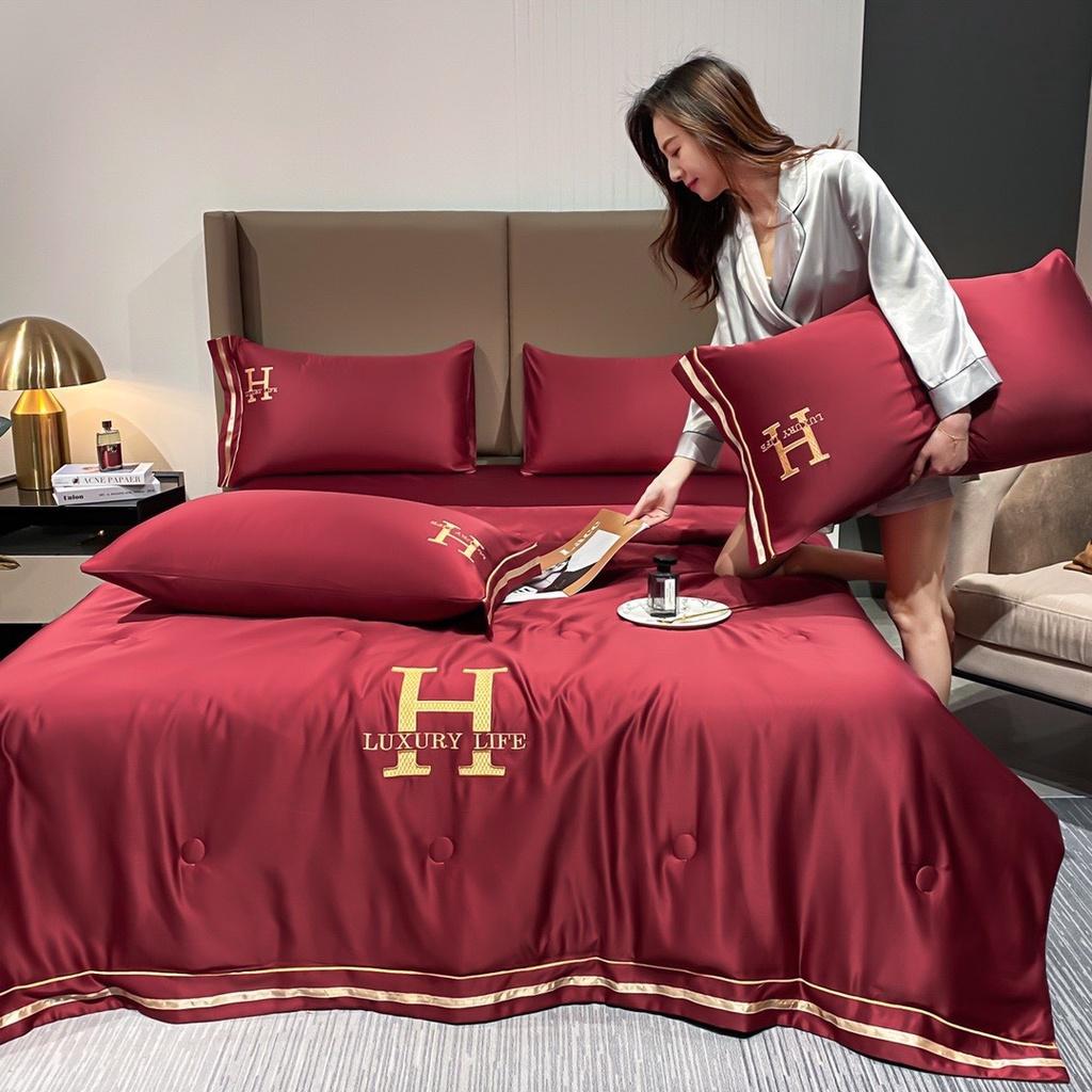 Bộ Chăn Ga Gối Lụa Thêu Chữ H LUXURY Set Chăn Ga Gối Lụa 4 Món Chăn Trần Hè