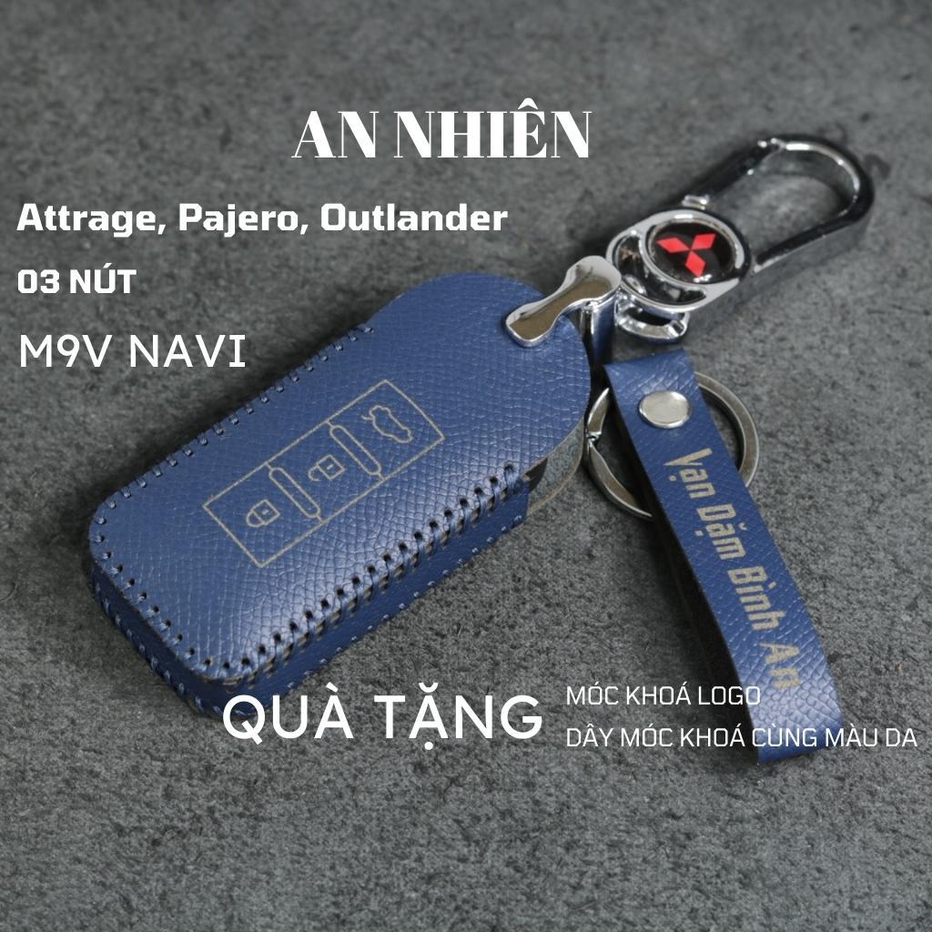 Bao da dành cho móc khoá bọc ốp chìa khóa xe ô tô Mitsubishi Attrage, Outlander, Pajero, da bò, nhiều màu, khâu thủ công Mitsu2