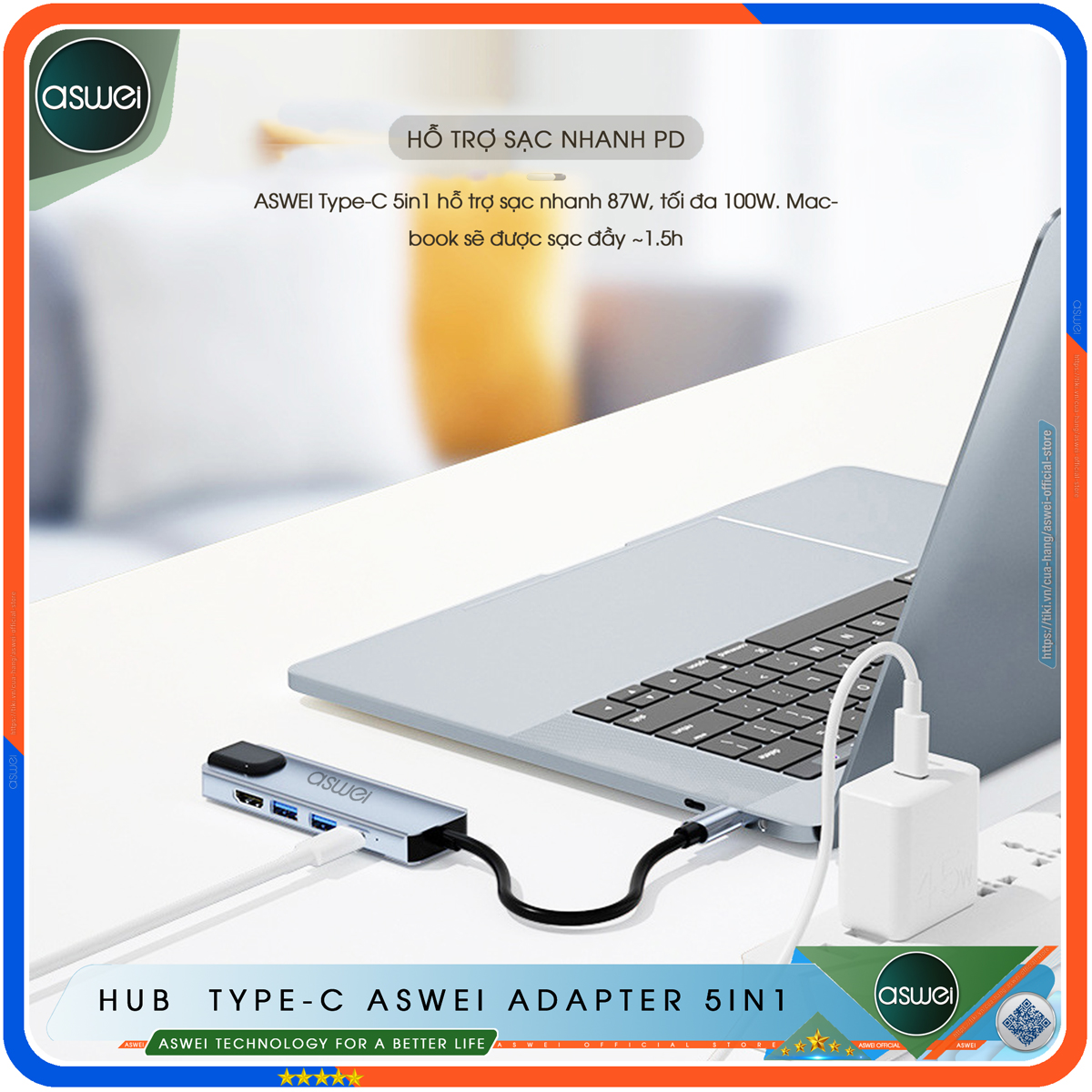 Hub Type C ASWEI 5 in 1 To HDMI, USB 3.0, Lan RJ45, PD 100W - Cổng Chia USB, Ổ Chia USB Tốc Độ Cao - Hub Chuyển Đổi USB Type C 5 Cổng - Hàng Chính Hãng