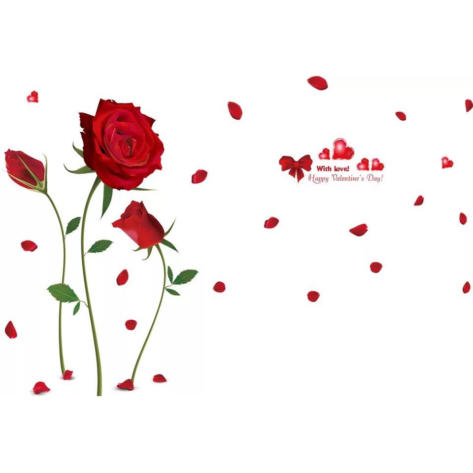 Decal trang trí tường 3 Cành Hoa Hồng Đỏ Chữ Trái tim