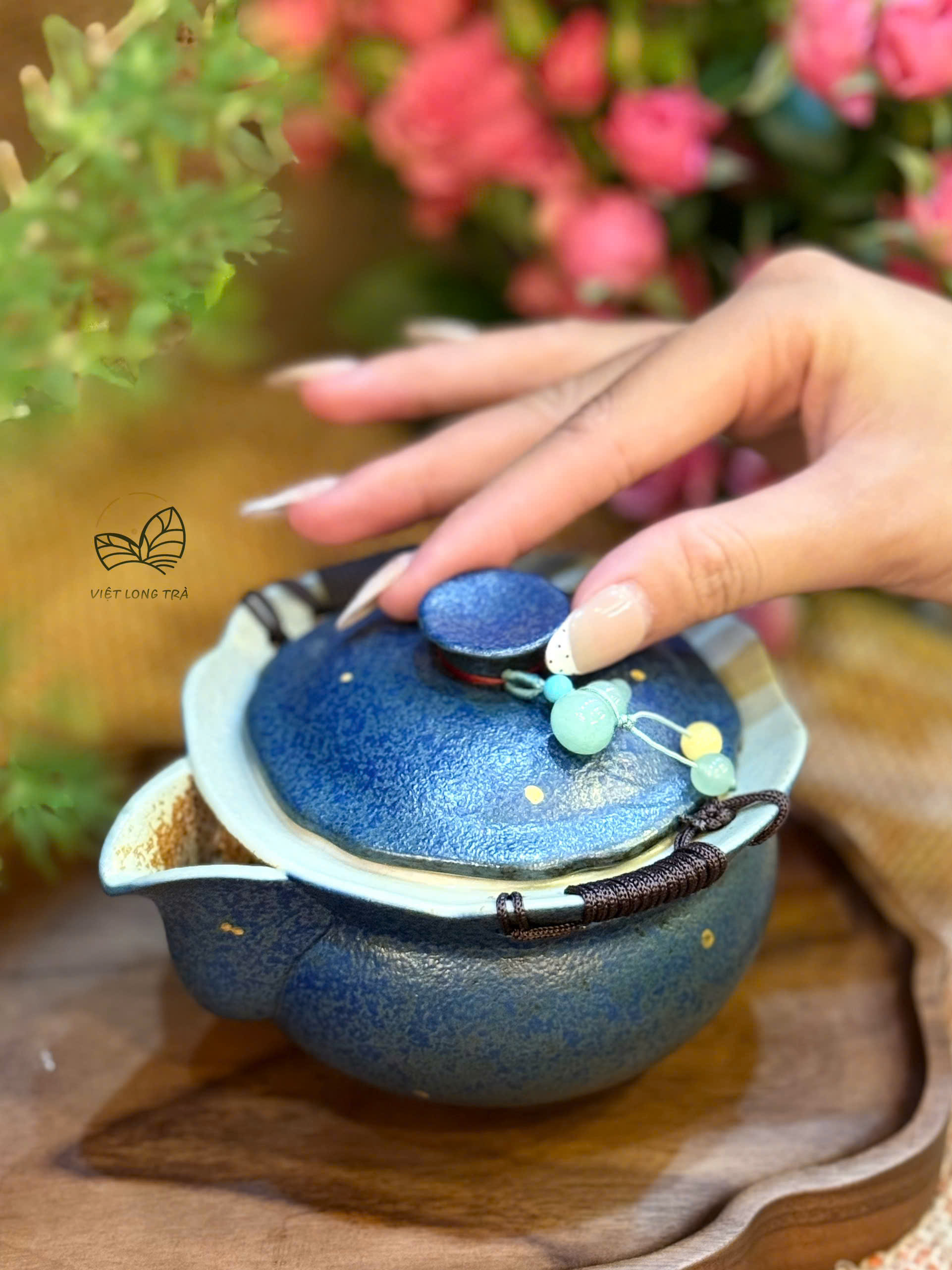 CHÉN KHẢI GỐM SỨ XANH ÁNH KIM ĐÍNH KÈM NGỌC HỒ LÔ - DUNG TÍCH 200ML