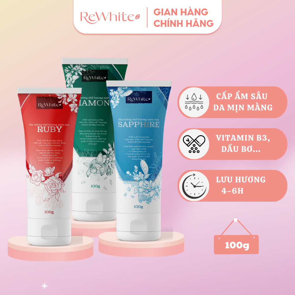 Sữa dưỡng thể REWHITEZ hương nước hoa  – Cấp ẩm sâu, nuôi dưỡng da trắng sáng đều màu, hộp 1 tuýp 100g