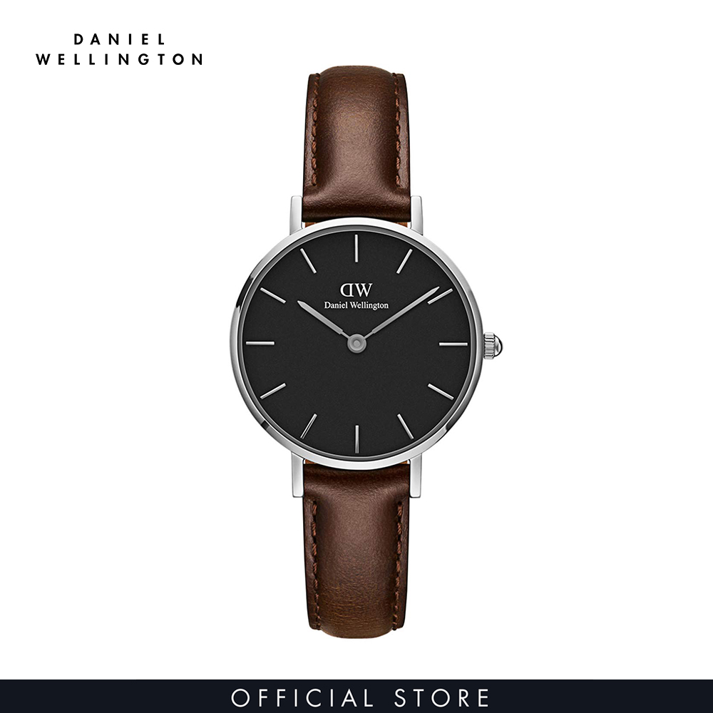 Đồng hồ Nữ Daniel Wellington dây da - Petite Bristol mặt đen - vỏ bạc