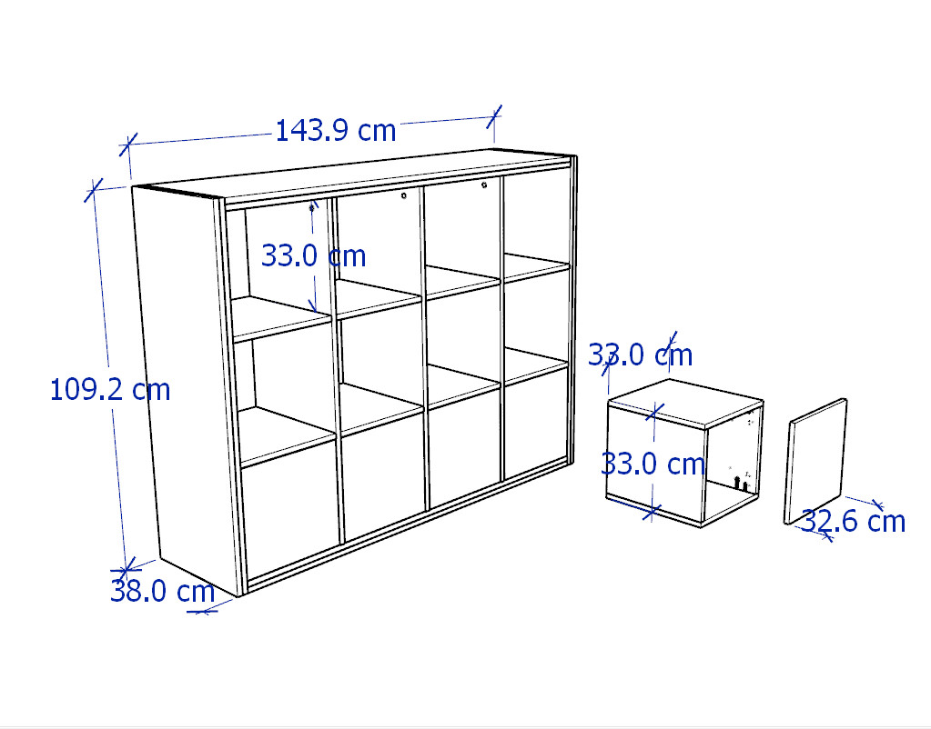 FELIX, Kệ sách 4x3 kèm 4 ô cửa, Phong cách Bắc Âu, 144x38x109cm