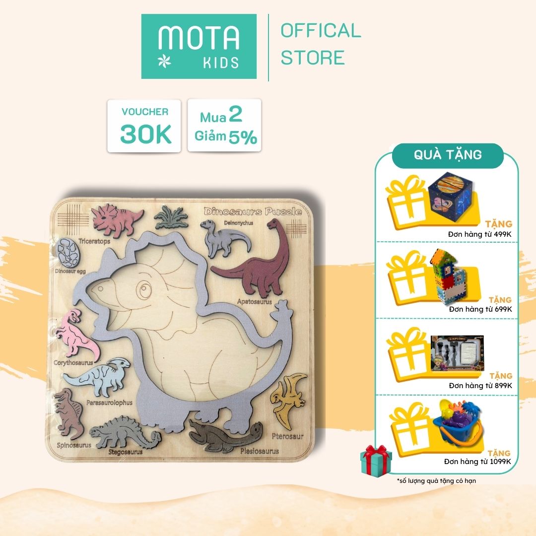[M2490-8 - Mota Montessori] Đồ chơi cho bé Hộp bảng gỗ các mảnh ghép xếp hình khủng long - Hàng chính hãng