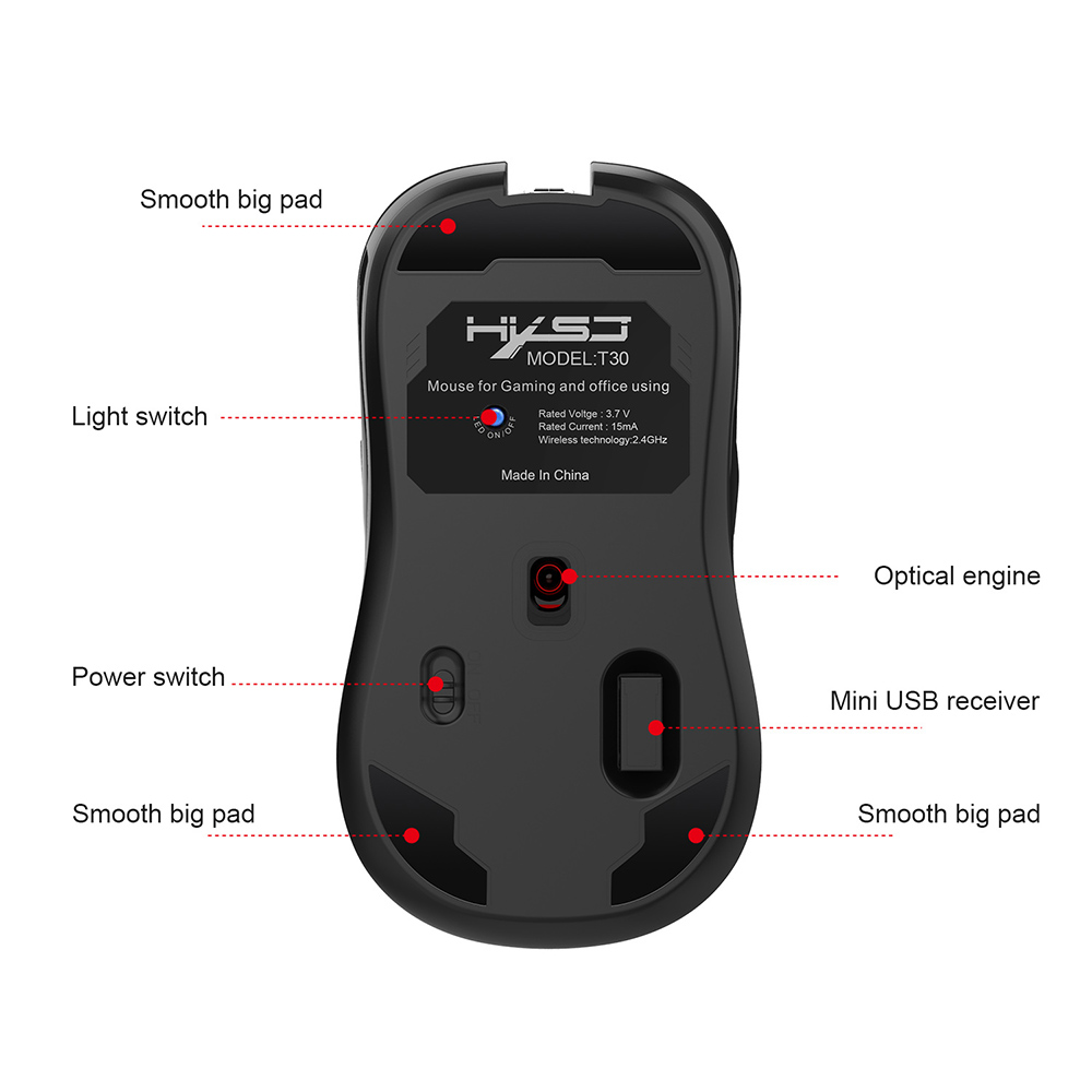 HXSJ T30 Chuột quang không dây 2.4GHz Chuột chơi game im lặng có thể sạc lại Chuột công thái học 3600DPI
