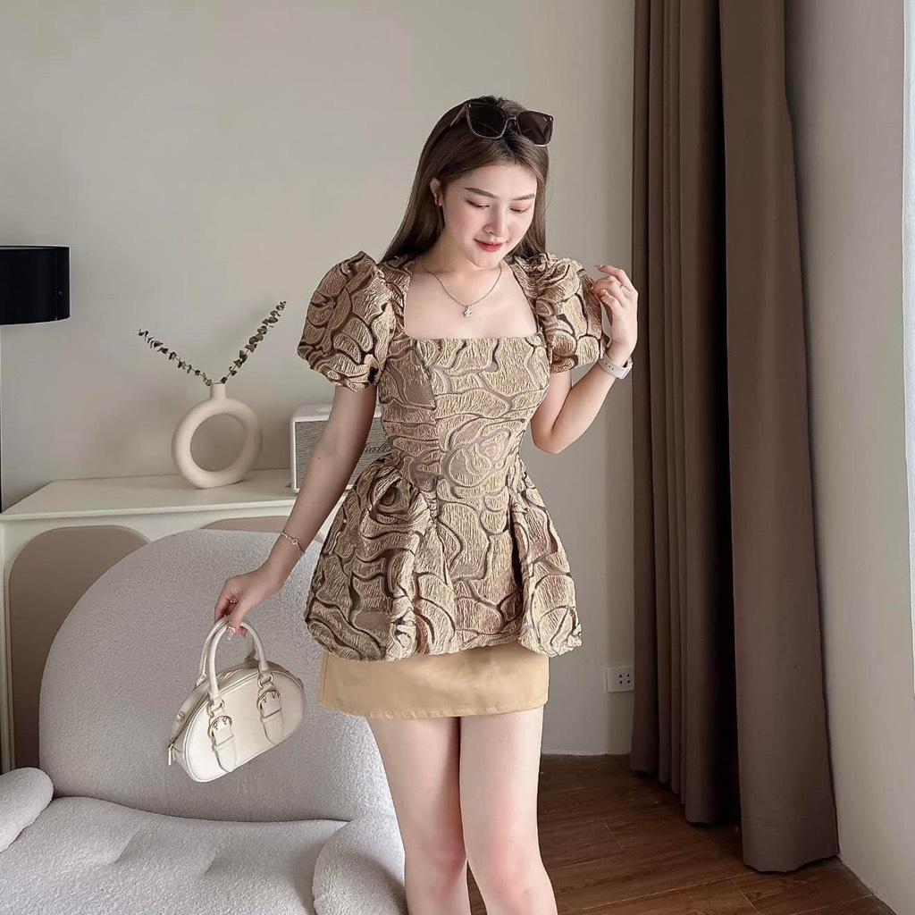 Sét váy áo peplum gấm hoa hồng bigsize