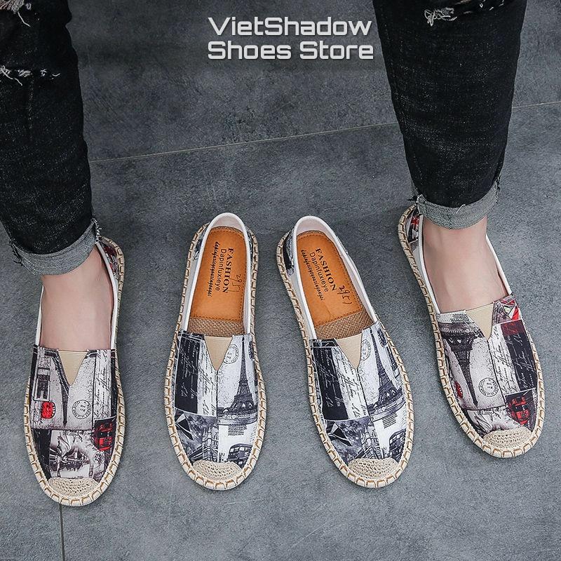 Giày lười vải nam in họa tiết - Slip on nam đế cói - Chất liệu vải bố cotton 2 màu đỏ và xám - Mã 2951