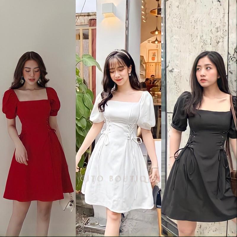 ĐẦM ĐEN CỔ VUÔNG – VÁY NỮ TAY PHỒNG – TRẮNG ĐỎ ĐEN – GD087