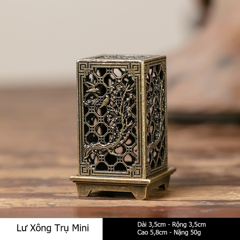 Lư Xông Trầm Trụ Hợp Kim Nhỏ Gọn – Đốt Nụ Trầm, Bột Trầm, Họa Tiết Tứ Quý Phong Thủy