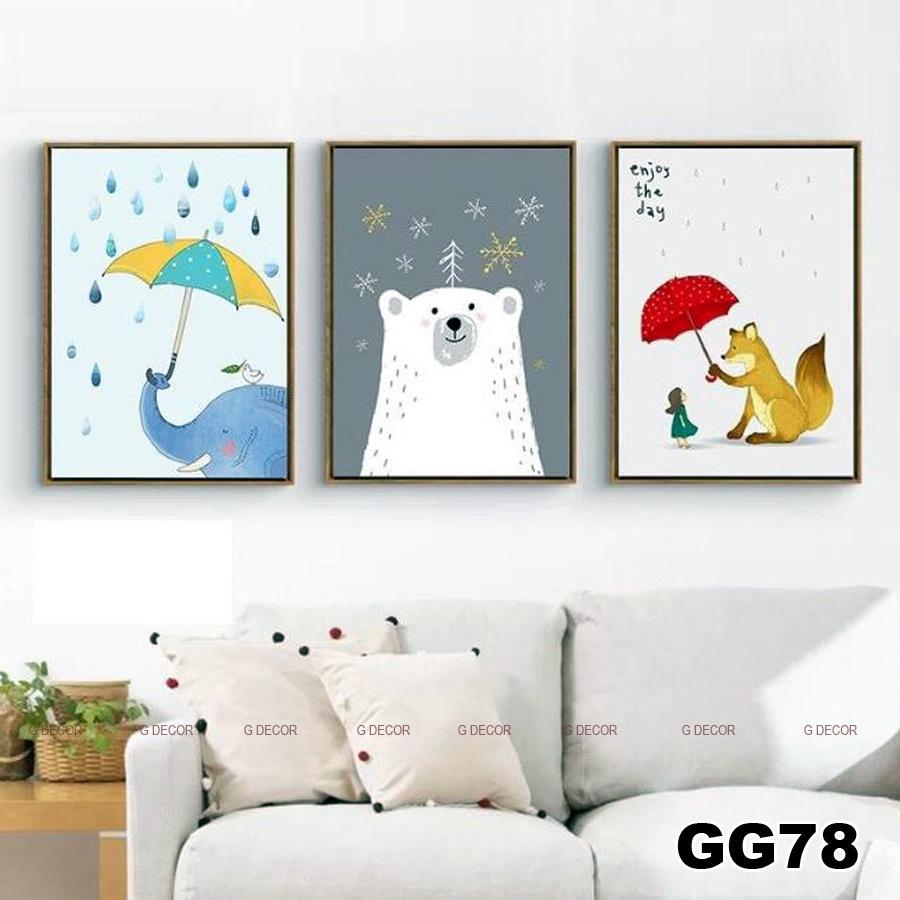 Tranh treo tường canvas 3 bức phong cách hiện đại Bắc Âu 78, tranh ainime trang trí phòng cho bé, phòng khách, phòng ngủ