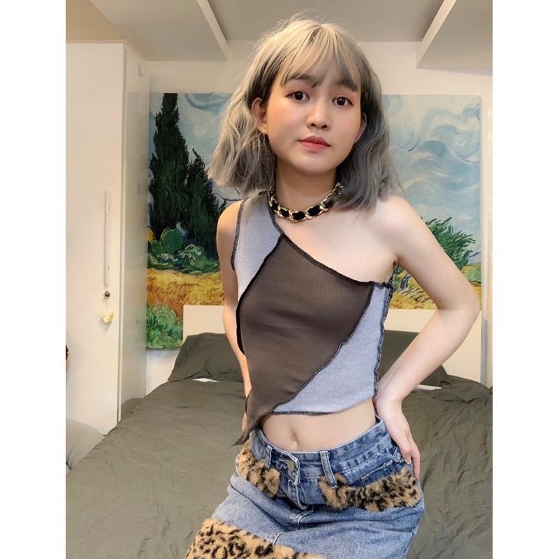 Áo croptop nữ - Áo croptop thun sọc chéo hở một bên vai