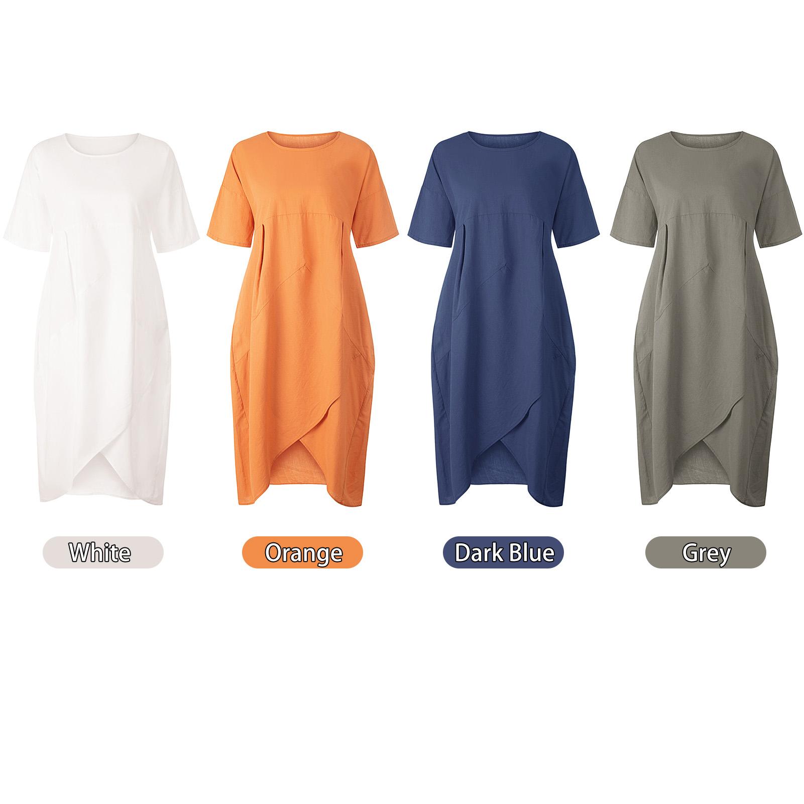 Fashion Women Dress O Neck Short Sleeve High Waist Asymmetrical Hem Pockets Casual Loose Dress