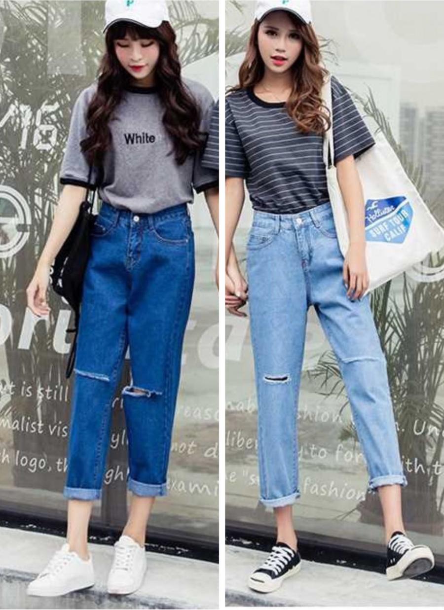 QUẦN JEAN BAGGY NỮ BIG SIZE RÁCH GỐI BIG SIZE KHÔNG CO DÃN PHOM QUẦN ỐNG RỘNG