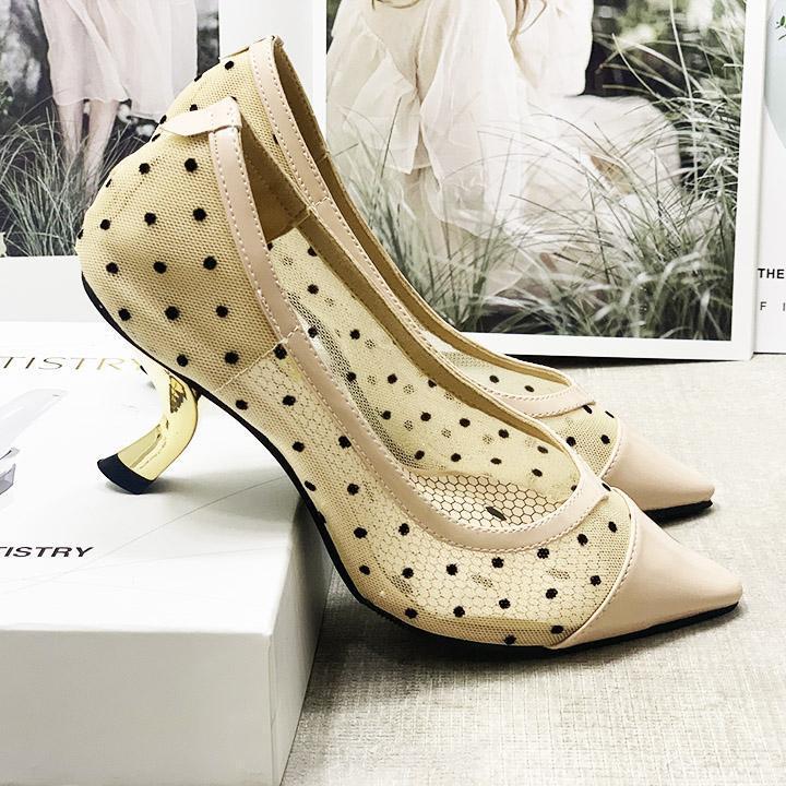 Giày cao gót nữ phối lưới chấm bi gót vàng kiểu thời trang - LN222