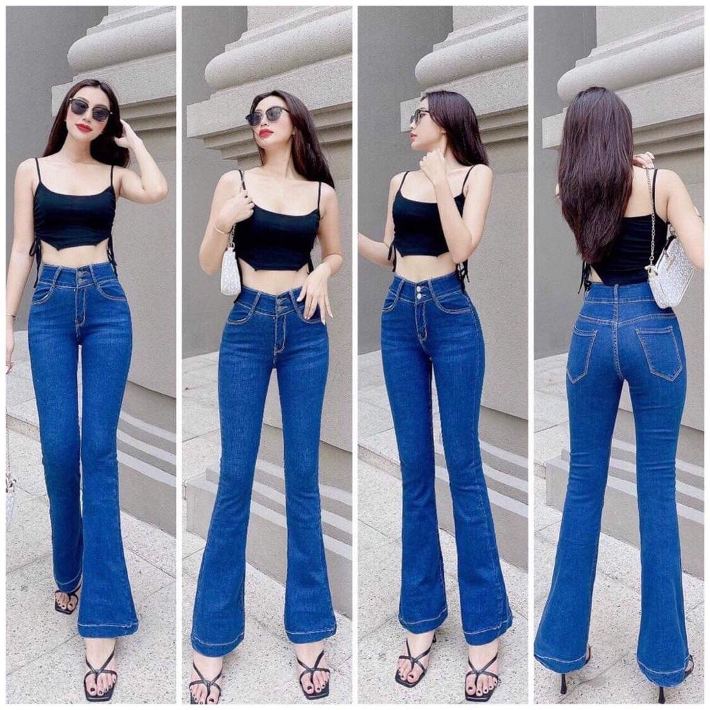 Quần Jeans Ống Loe Nữ Lưng Siêu Cao Co Giãn