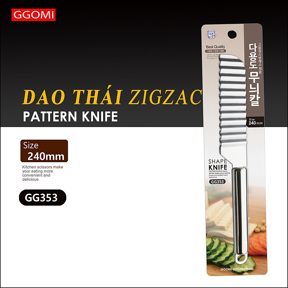 Dao thái hình zig-zac dài 24cm, lưỡi dài 12cm bằng thép không gỉ an toàn sức khỏe GGOMi Hàn Quốc GG353