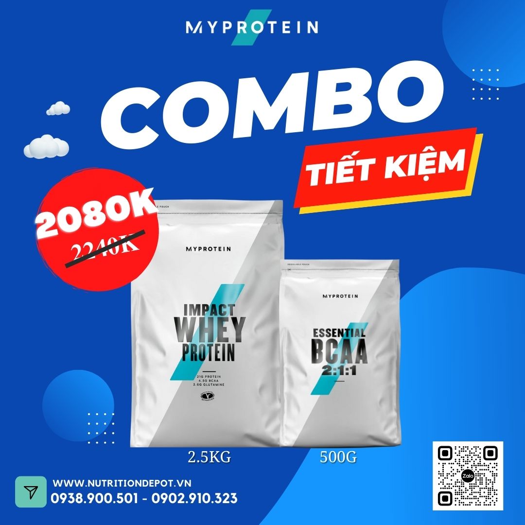 Combo Tiết kiệm - Tăng cơ và Phục hồi 04 - Impact Whey Protein 2.5kg và BCAA 500g Myprotein - Nutrition Depot Vietnam