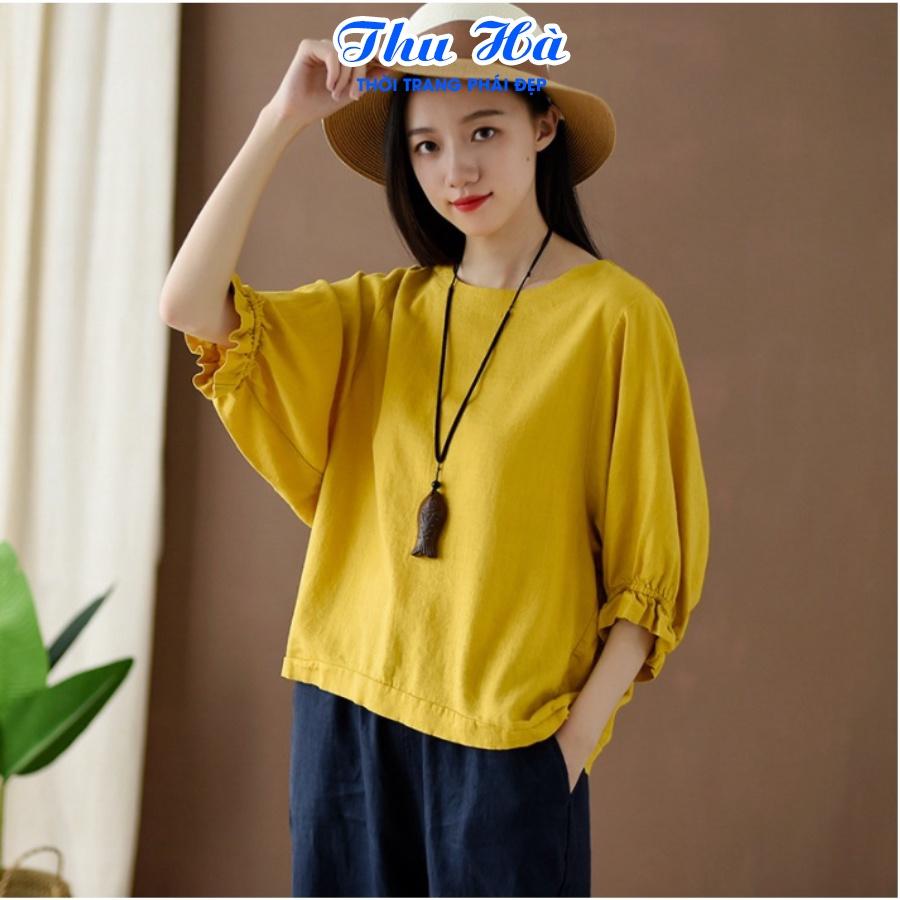 Áo kiểu nữ Hàn Quốc dáng cánh dơi Thu Hà chất liệu đũi mềm mát, form rộng bigsize che khuyết điểm AKH.45