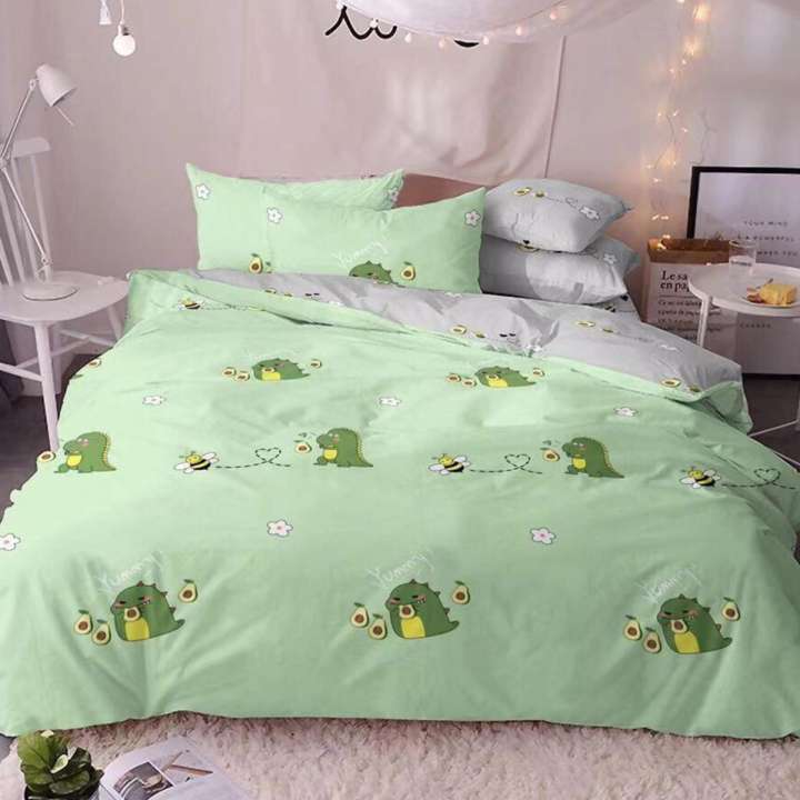 Bộ chăn ga gối phong cách Hàn Quốc khủng long ăn bơ bo chun