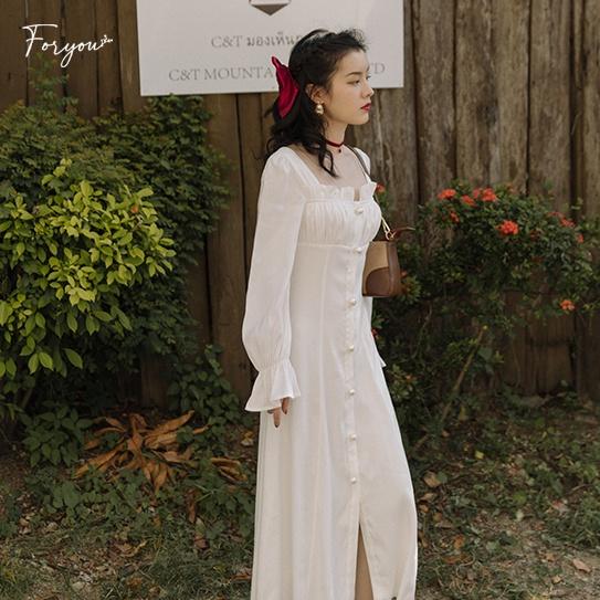 Váy đầm trắng dài nhún ngực FORYOU đầm tay dài mặc đi tiệc, đám cưới - Mia Dress